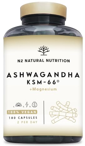 Ashwagandha KSM-66® + Magnesio. 7500 mg (15:1), 180 Cápsulas. 5% de Whitanólidos. Complemento Natural para Ánimo, Sueño y Concentración. Vegano y 100% compostable. N2 Natural Nutrition