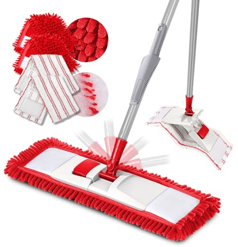 Zvonema Balai Serpillère, Balais Nettoyer Sol Rotatif à 360° à Manche 128cm, Nettoyage Sol Sec & Humide avec 4 Tampons de Remplacement, Fibre de Nylon & Chenille, 1 Peigne Racleur, Rouge