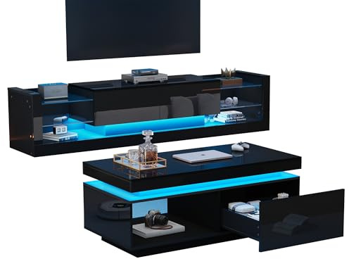 Generisch Elegante mueble de pared para TV con iluminación LED: moderno mueble de TV + mesa de café en negro brillante, mueble de salón para televisores de hasta 80 pulgadas
