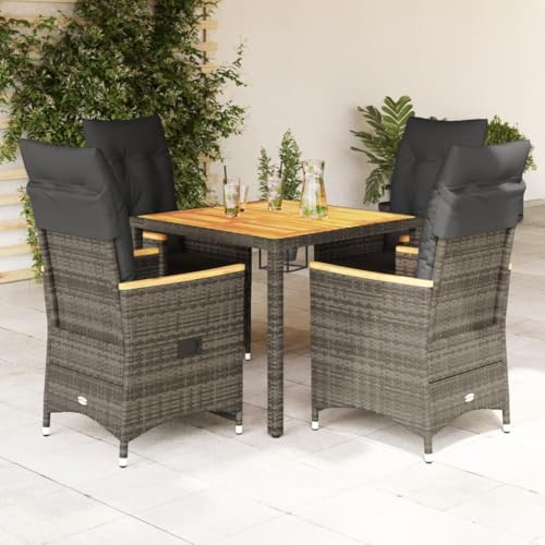QJBSAVVA 5-TLG. Gartenmöbel-Set Grau 90x90 cm Poly Rattan mit Akazienholztisch verstellbare Rückenlehne & Polster für Outdoor Essgruppe Balkon Terrasse