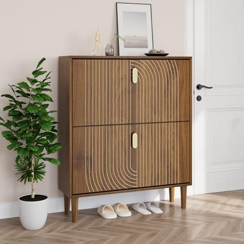 Smuxee Shoe Cabinet with 2 Flip Drawers, 31.5 Walnut Hidden Shoe Storage Cabinet with Line Groove Design, Freestanding Shoe Organizer Cabinet for Hallway, Entryway, Living Room