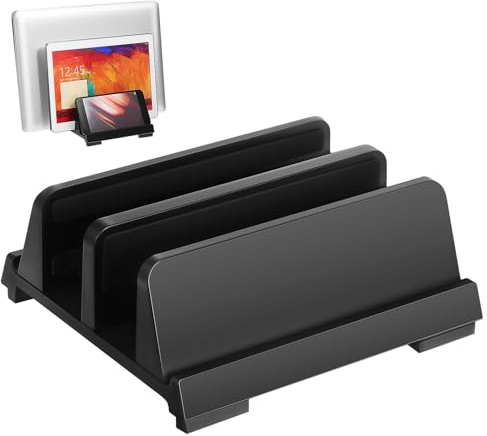 FIXOSHEE Adjustable Laptop Vertical Mount with Dual Slots for Laptop and Tablet Padded Nonslip Desk Organizer Stand Space-saving Holder for Office Workspace