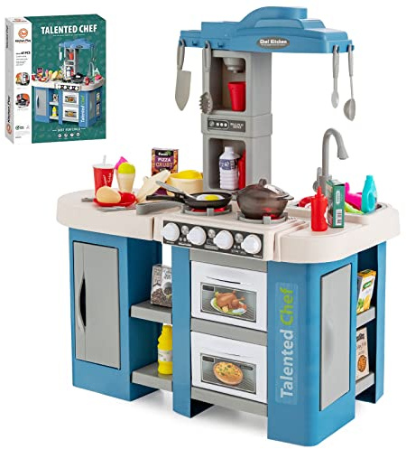 DREAMADE Kinderküche mit 38 TLG. Zubehör, Kinderspielküchemit Dampf & Wasserzirkulation, Spielküche mit Licht und Sound für Kinder ab 3 Jahren (Blau)