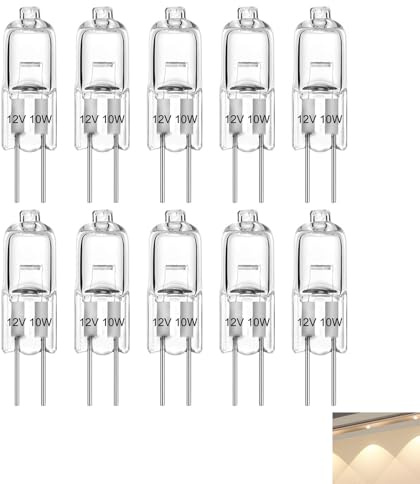 Vnuipofa 10 PCS G4 Halogen Bulbs, 10W 12V G4 Light Bulbs Clear Capsule 2 Pin Base Dimmable Warm White 2700K, Flicker-Free, High CRI, Energy-Efficient Bulbs for Cooker Hood, Cabinets, and Table Lamps