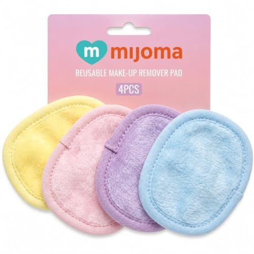 MIJOMA Abschminkpads wiederverwendbar – 4er-Set aus Mikrofaser für sanfte Make-up-Entfernung – mit Umrandung & Pflegehinweis – sortierte Pastellfarben
