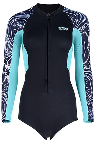 Blu,L,Muta in Neoprene da 2 Mm da Donna, Shorty Intero a Maniche Lunghe con Zip Frontale, Costume da Surf Per Surf, Nuoto e Immersioni, UPF 50+