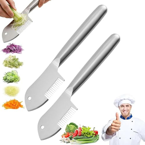 Pelador y cortador de verduras en juliana de acero inoxidable, cortador de verduras multiusos de cocina con hoja de precisión, mango cómodo y agujero para colgar frutas, papas, zanahorias (2 piezas)