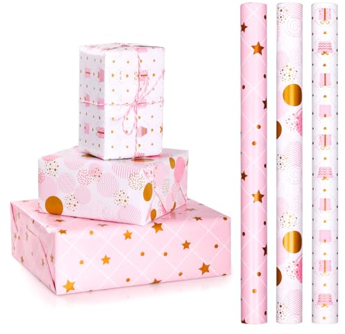 Manlyee 3 Rollen Geschenkpapier Set, 43cm x 3m Geschenkpapier Geburtstag, Rosa Geschenkpapierrolle Knickfrei für Geburtstag Valentinstag Hochzeit Muttertag