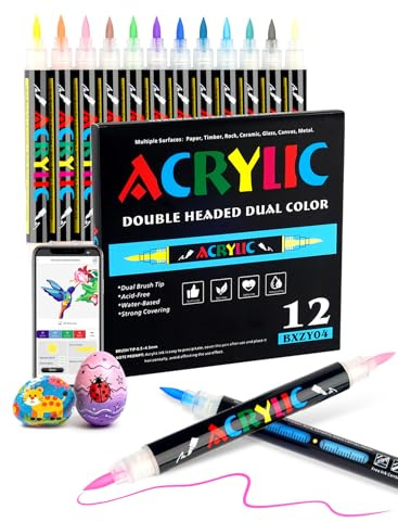 12 Liquid Ink Acrylic Paint Pens with Free App, 24 Colours Acrylic Markers | Automatic Ink Control | Dual Tip Dual Colour | Color Code | Strong Coverage | Paint Markers for Glass, Stone, Wood, Egg