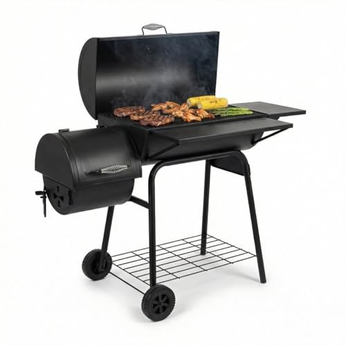 Lugia Holzkohlegrill mit Smoker – XXL Grillwagen 66x41 cm – BBQ Grill mit Deckel, Thermometer, Warmhalterost, Seitentisch & Flaschenöffner – Offset Smoker für Garten & Terrasse