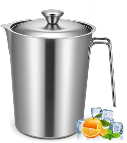 NONDK Jarra de Acero Inoxidable con Tapa, Vaso Medidor de 70 Oz / 2 L con Marcas y Asa, Vasos Graduados de Boca, Jarra de Leche