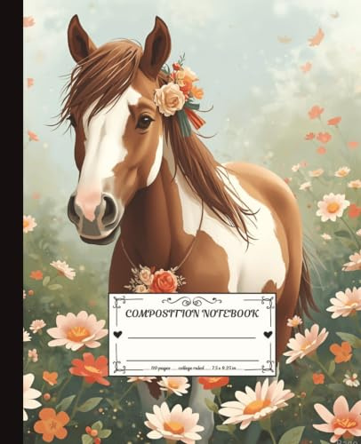Composition Notebook College Ruled: Enchanted Horse Collection: Dahlia Whisperwind – A Whimsical Mustang Horse in a Field of Flowers