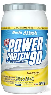 Body Attack Power Protein 90, Banana, 1 kg, 5K proteine in polvere con proteine del siero di latte, L-carnitina e BCAA per la costruzione muscolare e il fitness