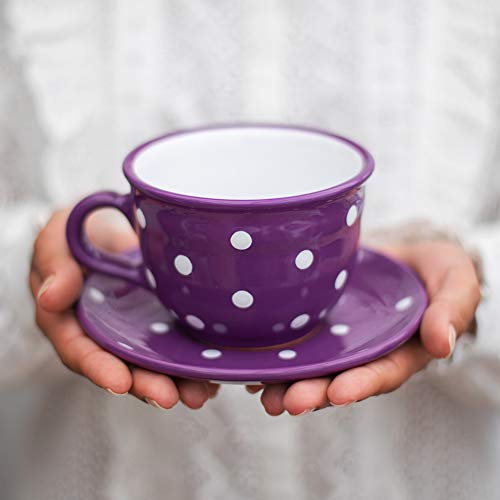 City to Cottage Purple and White | Polka Dot Spotty | Designer Handmade Hand Painted | Large Unique Ceramic 12oz/350ml | Cappuccino Coffee Tea Cup with Saucer | Gift