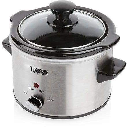 Tower T16020 Infinity Compact Slow Cooker with Keep Warm Function, 1.5L, 120W, Stainless Steel