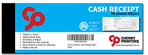 Cherry Cash Receipt Book - Cheque Book Style with stub 210mm x 74mm 50pages 80gsm