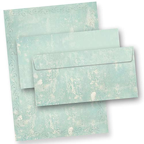 Briefpapier Set Türkis Grün marmoriert (100 Sets) Vintage A4 297 x 210 mm 90 g/qm mit Umschläge