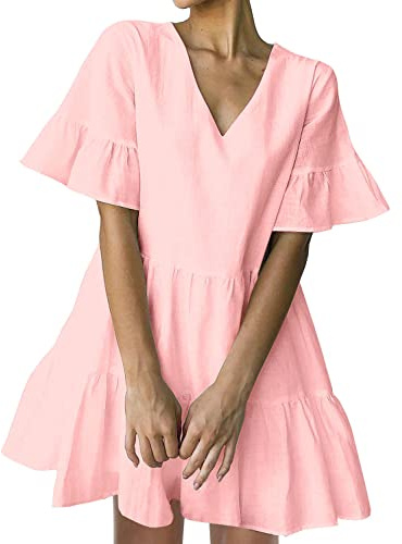 FANCYINN Mini Robe pour Femme avec Poches, Manches Cloches, Ourlet à Volants, col en V, Tunique