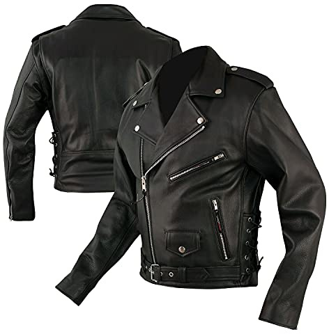 WinNet Giacca modello chiodo di pelle in stile moto custom vintage con protezioni removibili (5XL)