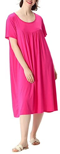 amropi Mujer Camisón Vestidos Ropa de salón Suave Hogar Camiseta Cucharón Cuello Suelta Ropa de Dormir(Rosa Rojo,7XL)