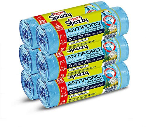Domopak Spazzy Sacchi Nettezza Antiforo Con Manici - Profumato Alla Brezza Alpina - Casalingo 28 L - 6 Confezioni Da 15 Pezzi, Plastica, Azzurro, 15 Unità (Confezione da 6)