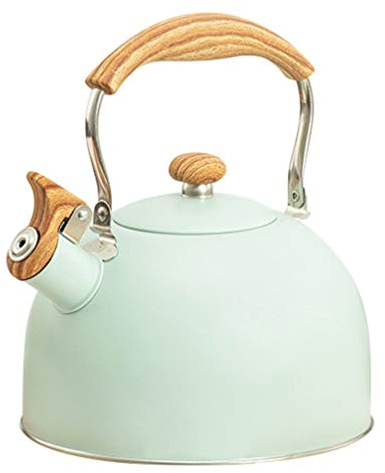 Cabilock Wooden-Handled Whistle Tea Kettle Food-Grade Stainless Steel Boiling Kettle with Automatic Whistle Foldable Handle for Home Kitchen Gas and Induction Stoves 8.86In