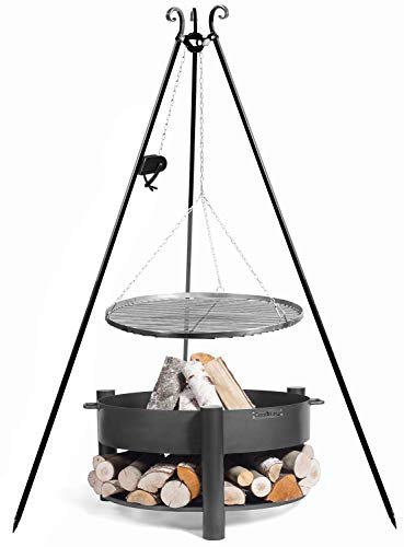 JS Garten Deko Set: Dreibein H 180 cm mit Kurbel und Grillrost Ø 60 cm aus Rohstahl + Feuerschale Montana Ø 70 cm CookKing