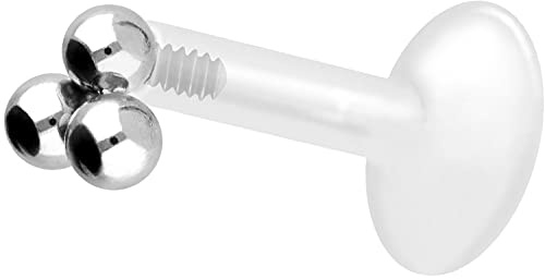PIERCINGLINE PTFE Labret mit Gewinde TITAN AUFSATZ 3 KUGELN Piercing Lippe Nase Ohr Helix Silberfarben 1,2 x 6 mm