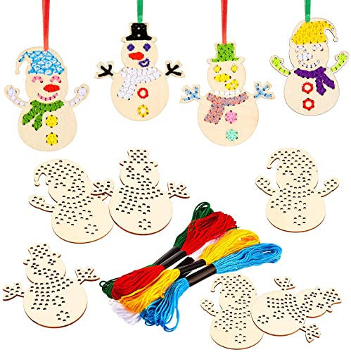 Blulu 10 Piezas Kits de Punto de Cruz de Madera de Navidad Adornos Decoraciones para Árboles Set de Bordado de Manualidades para Regalos Niños Principiantes (Estilo Muñeco de Nieve)