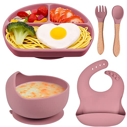 FILOWA Silikon Kindergeschirr Sets 5 Stücke Baby Teller mit Saugnapf, Rosa
