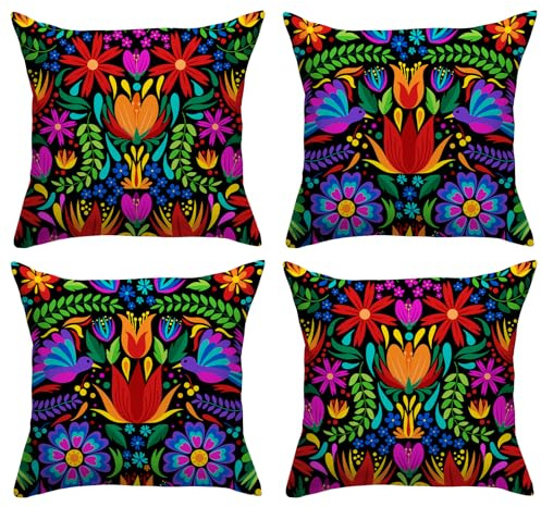 FARMNALL Mexican Fiesta Throw Pillow Covers 18x18 Set of 4 Dragonfly Flower Dahlia Pillow Case Day of The Dead Dia De Los Muertos Cinco De Mayo Decorations | Packing List:4 Pcs Throw Pillow Covers; Size:18×18 Inches;Material:Polyester; Perfect for Sofa Couch Chair Bedroom Decor