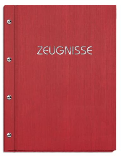 Zeugnismappe handgefertigt in roter Leinenoptik mit Prägung | für Zeugnisse in DIN A4 - inkl. 12 Sichthüllen - handgefertigte Prägung in vielen Farbvarianten