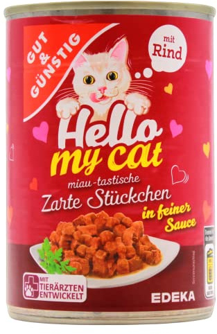 Gut & Günstig Hello My cat Zarte Stückchen in feiner Sauce mit Rind, 20er Pack (20 x 415g)