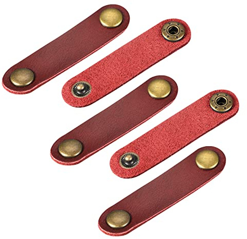 sourcing map Pack of 5 Leather Cable Straps Cord Organizer 63x16mm Portable Cable Leather Clips Burgundy Earphone Cord Management for Cable, Wire