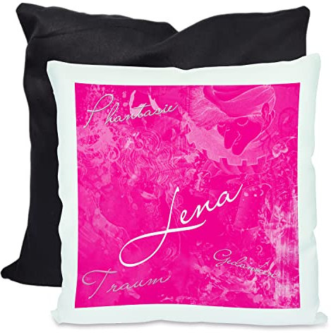 CreaDesign, Kinder Kissen 40x40 cm personalisiert mit Namen, Kinderzimmer Deko Kissen Kinder mit Füllung Federn, Motiv Traum pink, Rückenfarbe Schwarz
