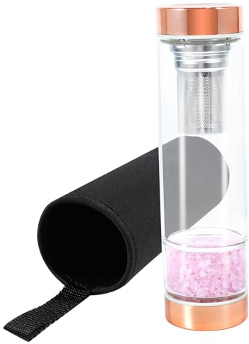 soulnioi Healing Crystal Glass Water Bottle, Natural Gravel Gemstone Crystal Water Bottle Healing Glass Bottles with Tea Strainer&Protective Cup Cover, for Spiritual Healing (Rose Quartz)