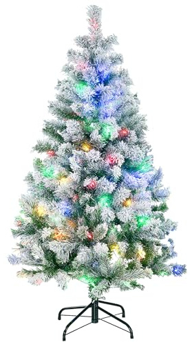 HOMCOM 4.5ft Pre Lit Snow Flocked Artificial Christmas Tree Holiday Décor with 150 Warm White or Colourful LED Lights and 311 Tips, Steel Base