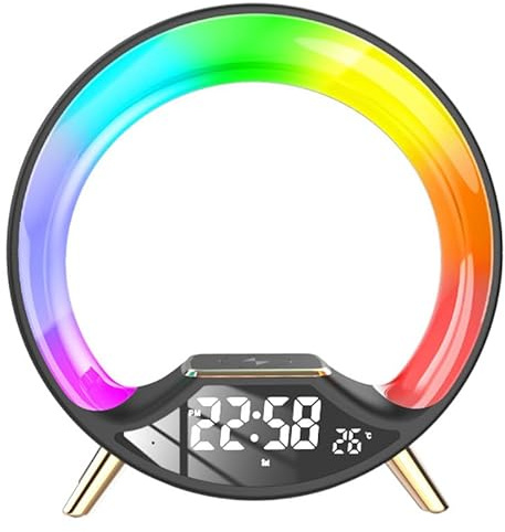 HLGKBY Atmosphärenlampe mit kabellosem Ladegerät, Aufwachlicht bei Sonnenaufgang, dimmbar und Bluetooth-Lautsprecher, Temperaturanzeige/FM-Radio/Wecker/Schlummerfunktion