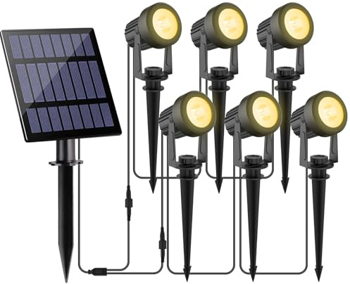 NATPOW Luces Solares LED Exterior Jardín, Foco Led Solar 6 en 1Lámparas Solares para Jardín al Aire Libre, IP65 Impermeable, 2 Niveles de Brillo Iluminación para Árboles, Patio, Caminos(3000K)