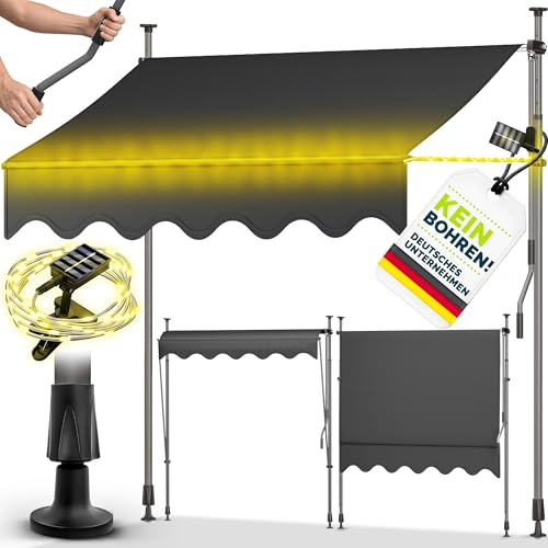 tillvex Klemmmarkise 400cm mit Handkurbel & LED Lichterkette Balkonmarkise | Markise Balkon UV-beständig, wasserdicht & höhenverstellbar | Outdoor Sonnenschutz zum Klemmen für Terrasse & Garten