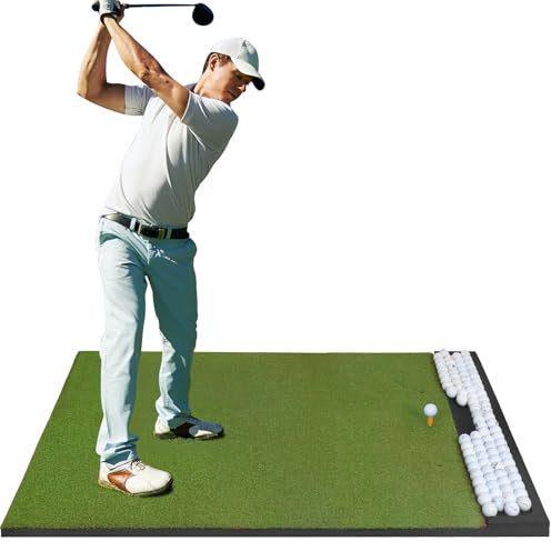 Golfpar Golf Hitting Mat with Built-in Ball Tray – 26mm Thick 5x4ft Indoor Outdoor Golf Practice Mat for Backyard Garage, Turf Golf Mat with EVA Base, 3 Tees, Golf Accessories for Training