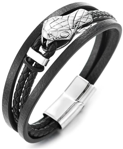 COOLSTEELANDBEYOND Edelstahl Kobra Schlange Leder Armband, Herren Schwarz Geflochtene Leather Armreif Armband, Magnetverschluss