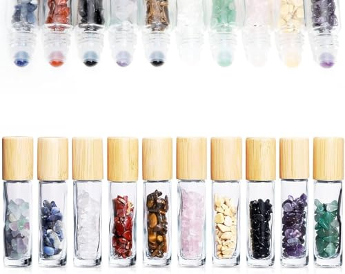 Botella con roll-on de 10 ml con chips de cristal con forma de bola rodante en el interior, 10 paquetes de botellas con roll-on de vidrio, botellas de muestra de aceite esencial (tapas de bambú)