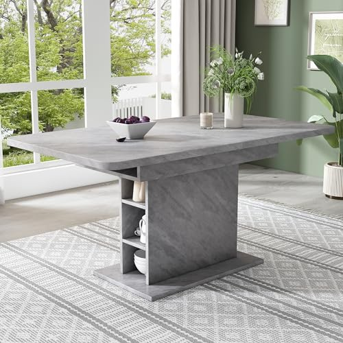 Merax Ausziehbarer Esstisch mit Stauraum, Platzsparender multifunktionaler rechteckiger Esstisch aus Eisen, Betonoptik/L110/130*W70*H75cm