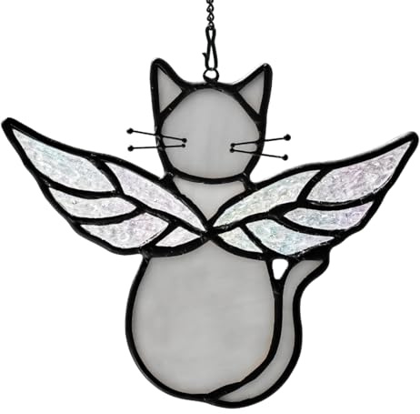 HAOSUM Gray Cat Gifts for Cat Lovers Stained Glass Suncatcher for Window | Angel Cat Memorial Gifts Stained Glass Window Hangings,Loss of Cat Memorial Gifts for Women,Mother,Friend, Grandma,Christmas