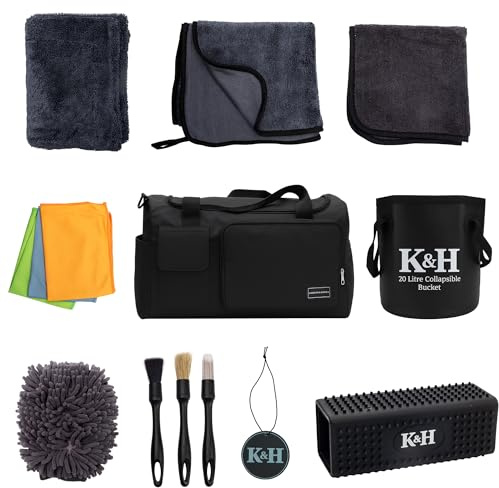 Kingsley & Harper K&H 15pc Car Detailing Kit | Complete Cleaning Set for Interior & Exterior with Brushes, Microfiber Towels & Wheel Tools | Gift for Men, Dad & Auto Enthusiasts