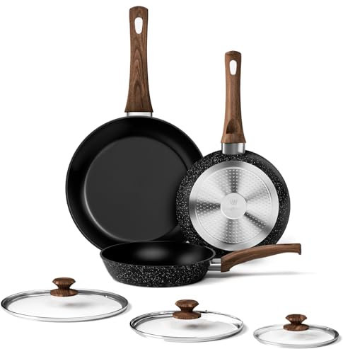 Innerwell Pfannenset - 3-teilig Antihaft-Pfannen mit Deckeln, 20+24+28 cm, Induktion Pfannen, Backofenfest, für alle Herdarten, PFOA-frei, Schwarz