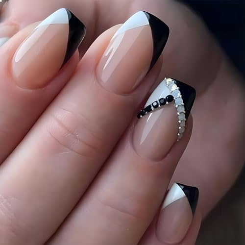 GlamRays Lot de 24 aux ongles courts carrés Coffin avec pointe française noire et blanche, motifs brillants, avec colle sur les ongles