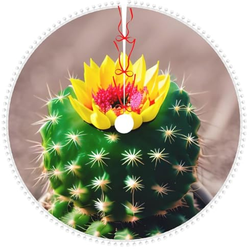 Decoración suave de doble capa con estampado de cactus floreciente para decoración de árbol de Navidad, falda de árbol de Navidad con ribete de pompón