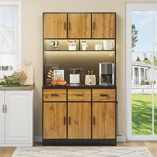 Kayan Küchenschrank Buffetschrank mit LED Sideboard für Küche mit Steckdosenleiste Küchenschrank mit Arbeitsplatte und 3 Schubladen Küchenbuffet mit Verstellbares Regal, 180x100x40 cm (Natur)